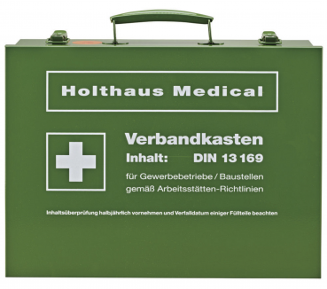 Preview: Betriebsverbandkasten DIN 13169-E groß Stahlblech grün Metall + Wandhalterung